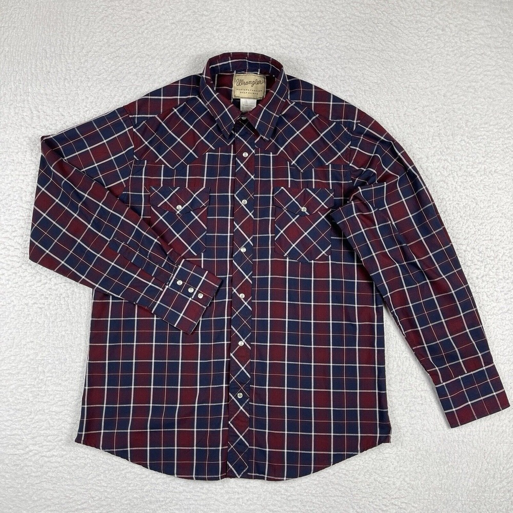 Wrangler Western Snap Shirt Mens Large Burgundy Navy Plaid Pearl Snap Cowboy